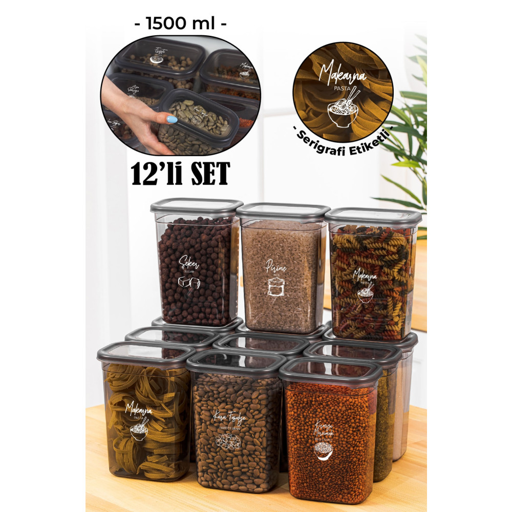 Vienev Beyaz Serigrafi Etiketli 12li Peggy Dikdörtgen Saklama Kabı Seti 1500 Ml Antrasit Saklama Kapları Fiyatı