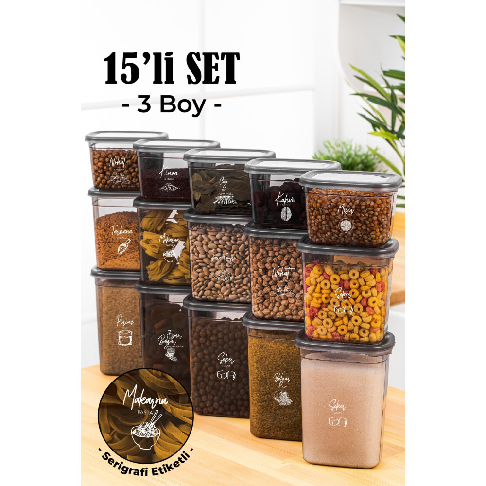 Vienev Beyaz Serigrafi Etiketli 15li Peggy Dikdörtgen Saklama Kabı Seti 5x(1500-1150-800 Ml) Antrasit Saklama Kapları Fiyatı