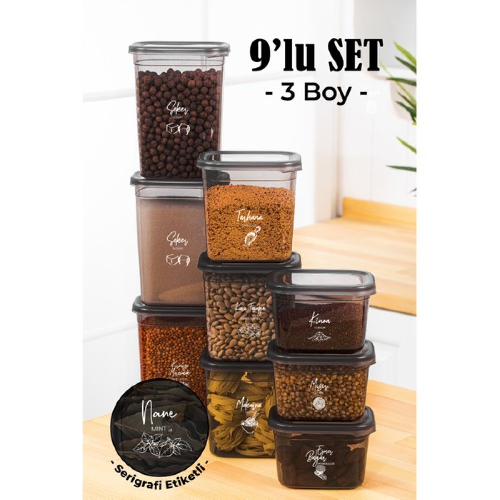 Vienev Beyaz Serigrafi Etiketli 9lu Peggy Dikdörtgen Saklama Kabı Seti 3X(1500-1150-800 Ml) Antrasit Saklama Kapları Fiyatı