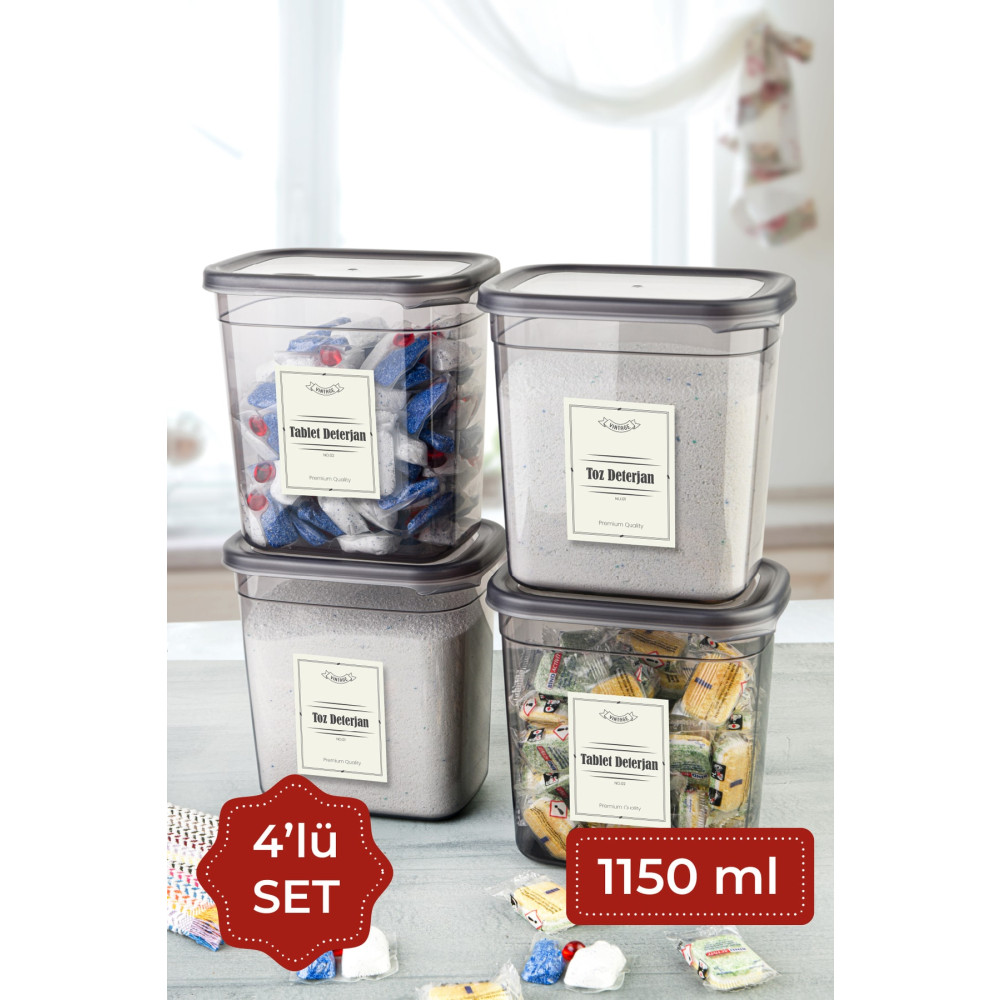 Vienev Etiketli 1150 ml 4lü Peggy Dikdörtgen Deterjan Saklama Kabı Seti Antrasit Saklama Kapları Fiyatı