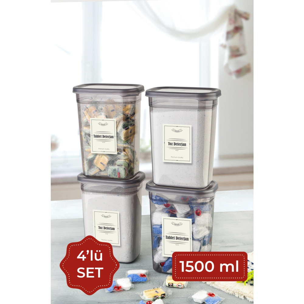 Vienev Etiketli 1500 ml 4lü Peggy Dikdörtgen Deterjan Saklama Kabı Seti Antrasit Saklama Kapları Fiyatı
