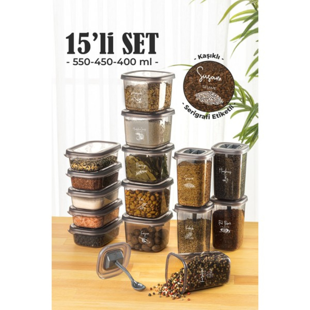Vienev Etiketli Kaşıklı 15'li Süper Set Baharat Saklama Kabı Seti 5x(0,40 0,45 0,55) Baharat Setleri & Baharatlıklar Fiyatı