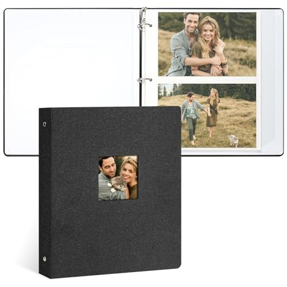 Vienrose Photo Album Self Adhesive 3 Ring Binder Photo Albums, Linen Cover Scrapbook Album, Photo Album Book with Sticky Pages Fit 2x3 4x6 5x7 8x10 Photos (Black, 20 Sheets/ 40 Pages)
