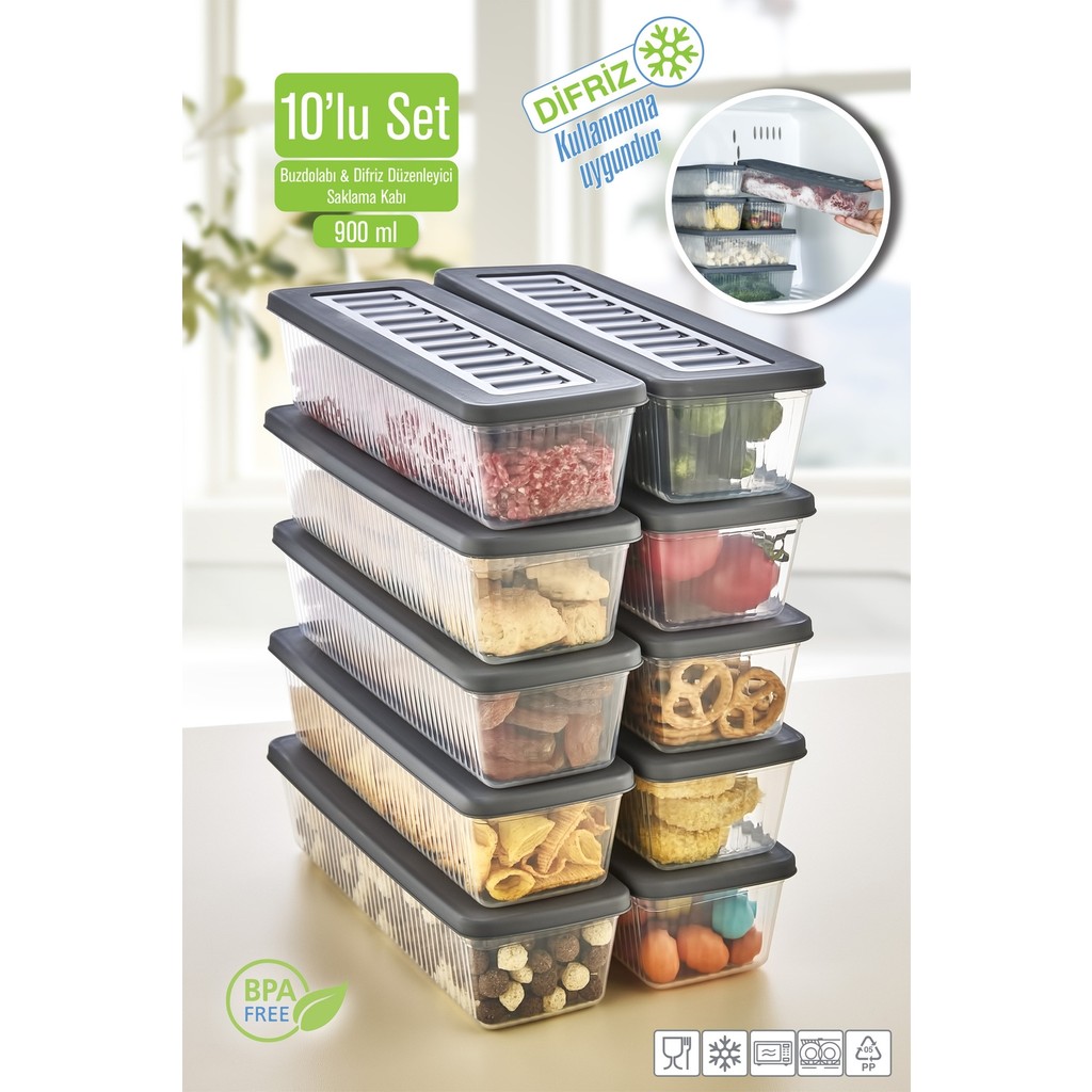 Vigentino 10'lu Set Buzdolabı Organizer Mikrodalga ve Difrize Uygun Saklama Kabı 10 x 900 ml - Antrasit - Şeffaf - 10 adet Kapak Dahil 20 Parça Eşya Saklama / Düzenleme Fiyatı