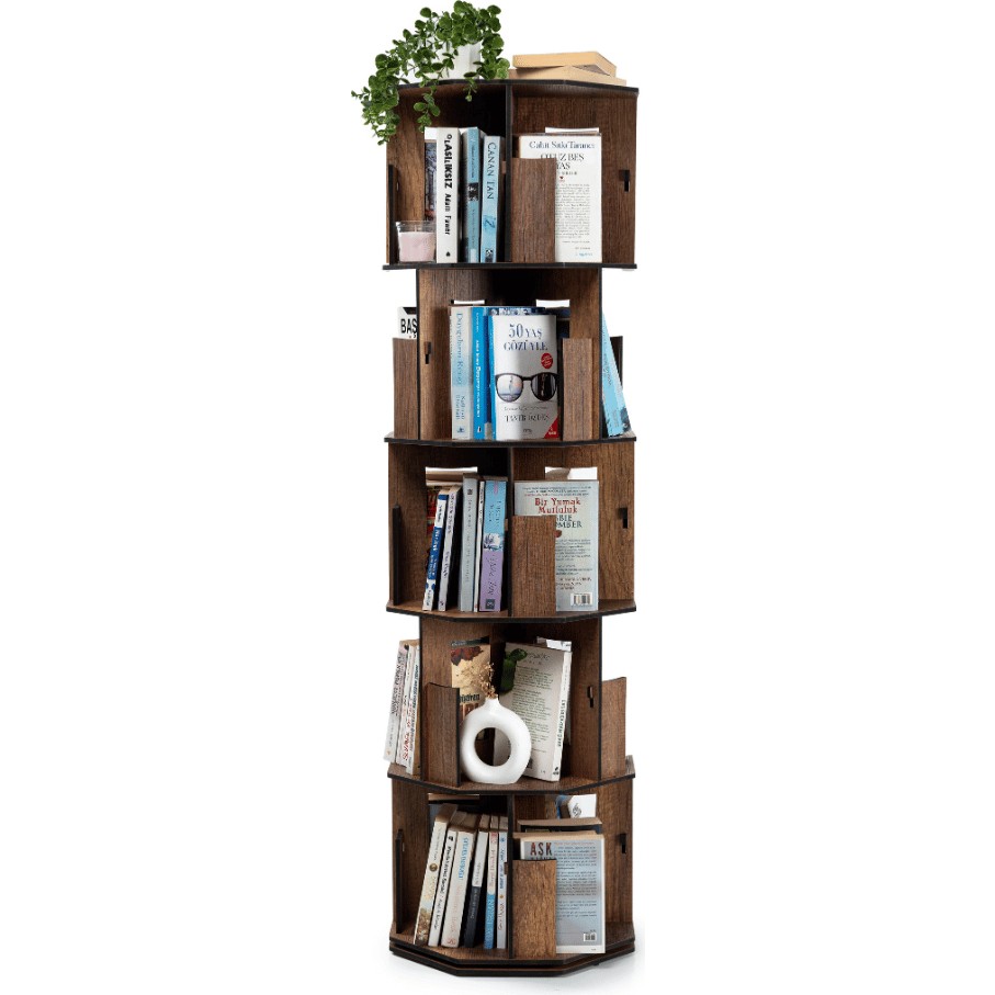 Vigo Wood 360 Derece Dönebilir Ahşap Kitaplık 5 Katlı Ceviz-DK50C - Ceviz Kitaplık Fiyatı