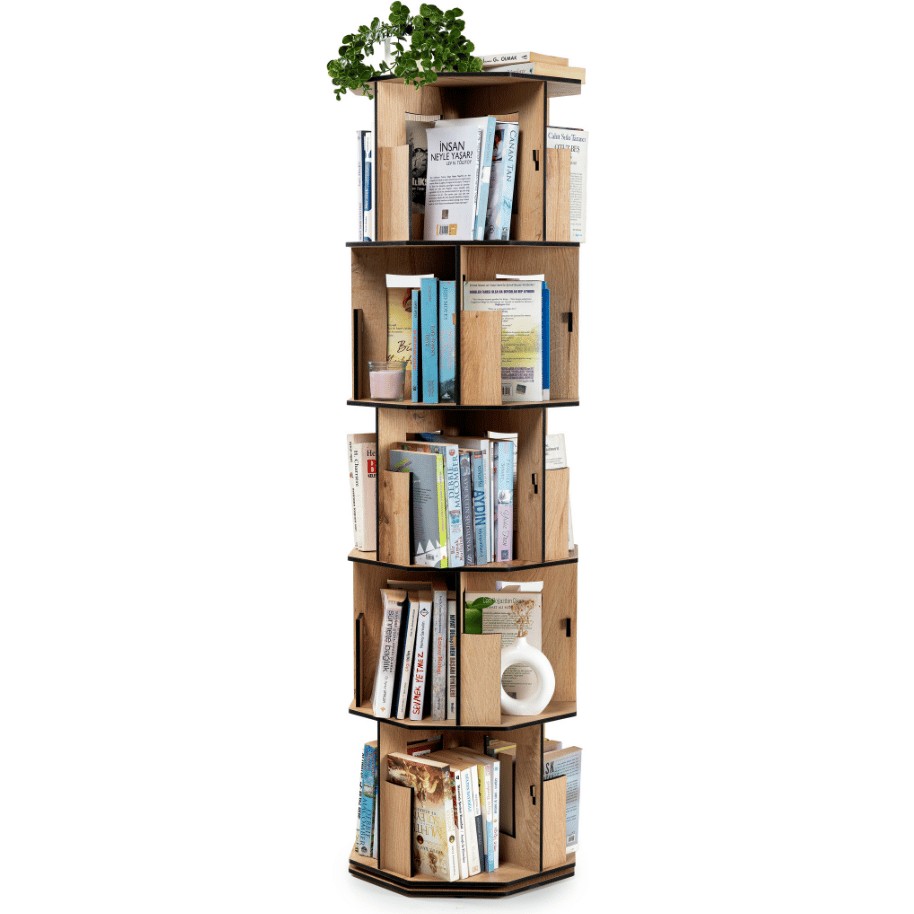 Vigo Wood 360 Derece Dönebilir Ahşap Kitaplık 5 Katlı Meşe-DK50M - Meşe Kitaplık Fiyatı