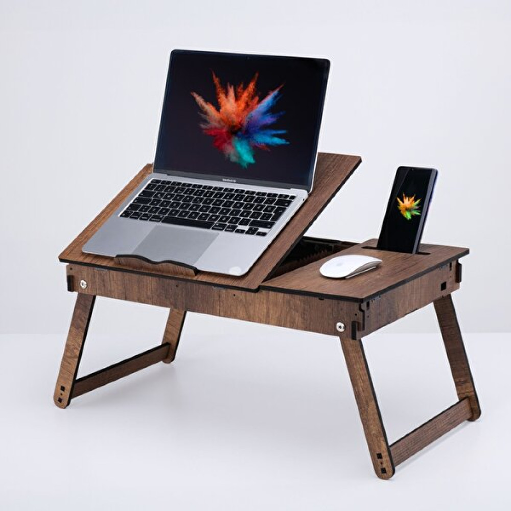 Vigo Wood Katlanır Ayaklı Ayarlanabilir Laptop Sehpası Telefon Bölmeli Bilgisayar Çalışma Sehpası - 65x34x27 - Barok Ceviz Sehpa Fiyatı