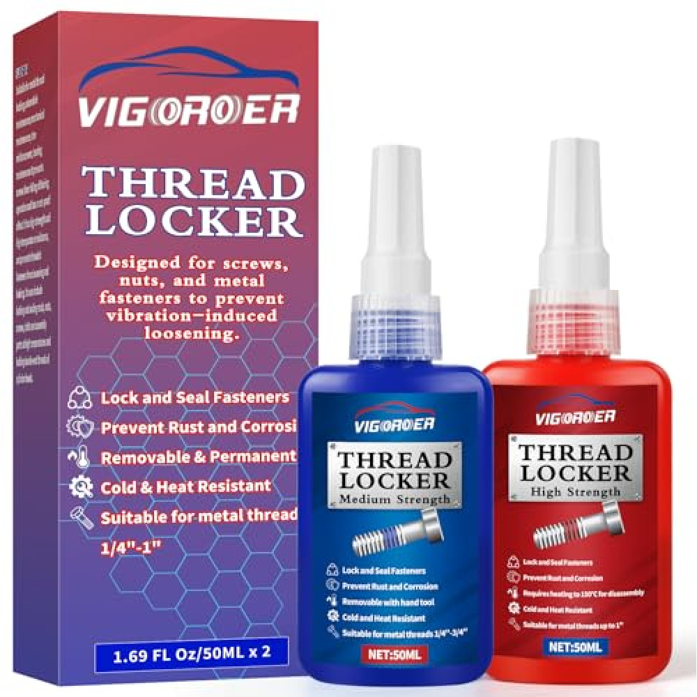 Vigorder Thread Lock Medium and High Strength, Thread Locker for Nuts, Bolts, Fasteners and Metals to Prevent Loosening and Leakage, Blue and Red