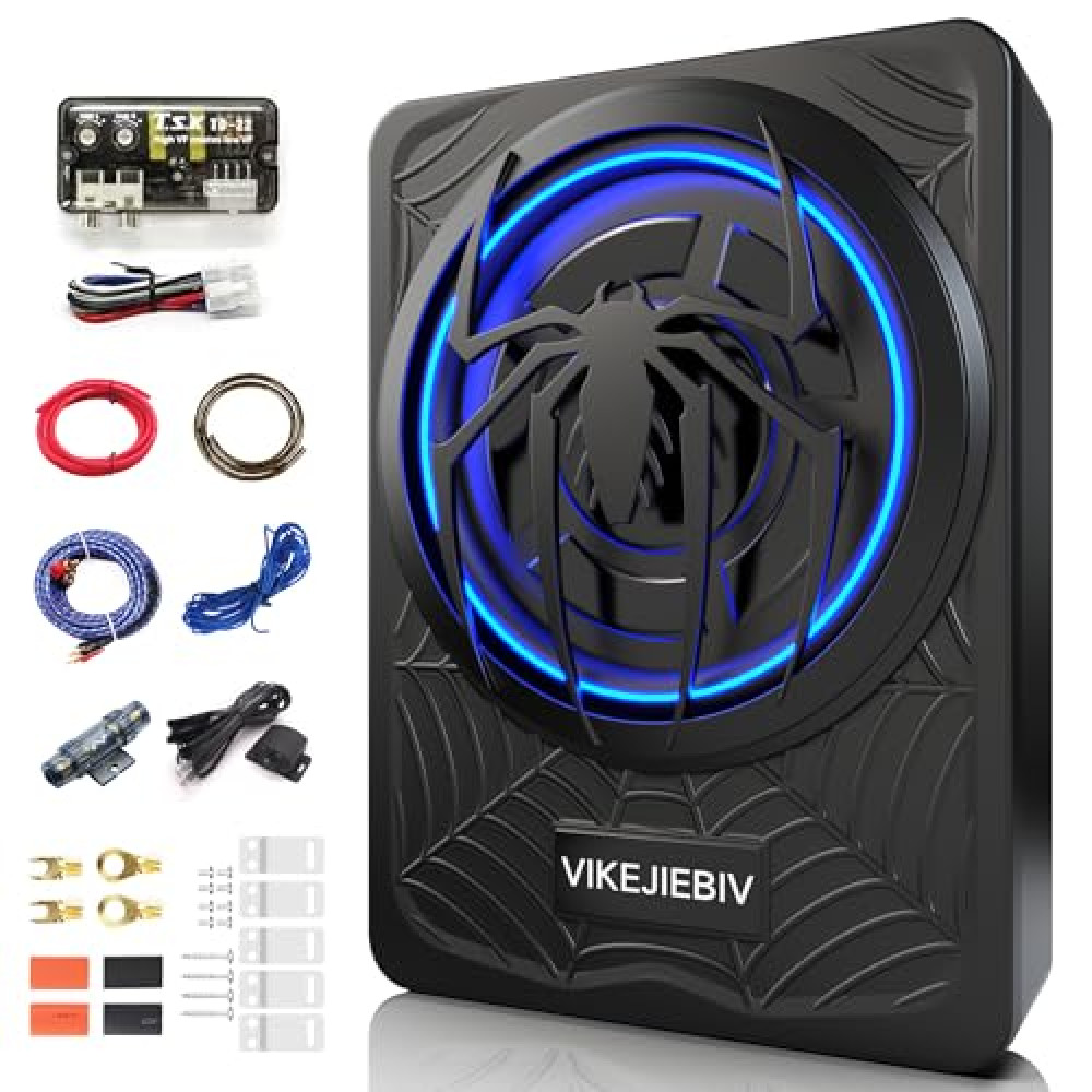 VIKEJIEBIV 1200W 10" Slim Underseat Car Subwoofer and Amp Package with Ambient Light, Individual Control for Low Pass/Gain/Boost Bass, Loud Stereo Sound, Deep Bass Perfect for Truck/SUV/Jeep/MPV