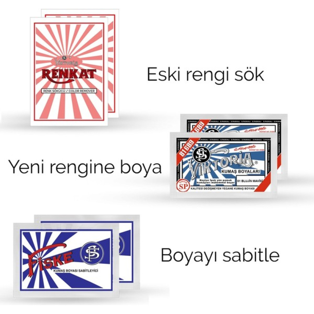 Viktoria Kumaş Rengi Değişim Paketi 2 Adet Renk Sökücü + 2 Adet Blujin Mavi Boya + 2 Adet Fiske Oto Boyaları Fiyatı
