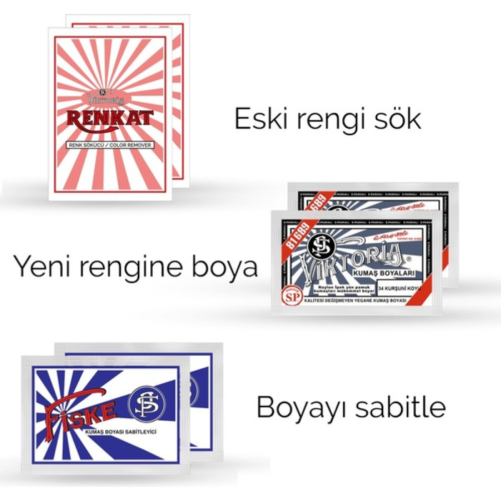 Viktoria Kumaş Rengi Değişim Paketi 2 Adet Renk Sökücü + 2 Adet Kurşuni Koyu Boya + 2 Adet Fiske Oto Boyaları Fiyatı