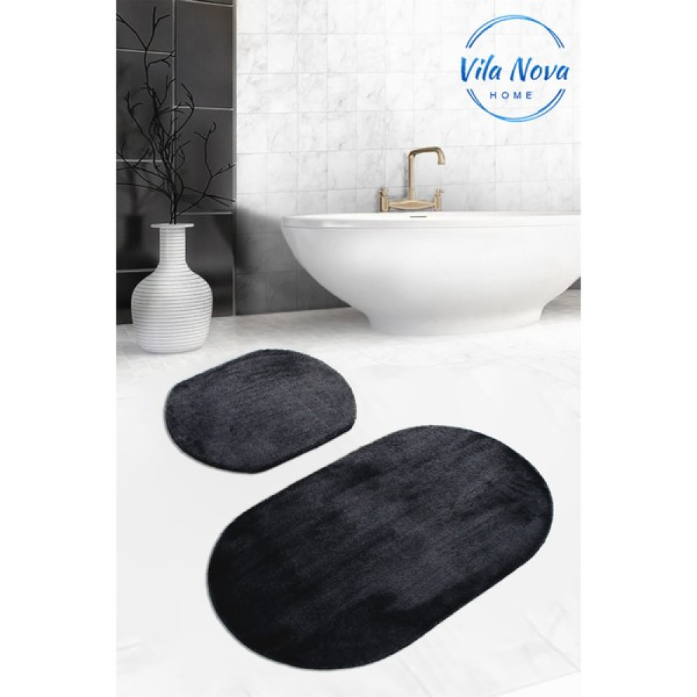 Vila Nova Home 2'li Siyah Oval Düz Renk Peluş Post Yumuşak Yıkanabilir Banyo Halısı Klozet TAKIMI(100X60-60X50) Klozet Takımı Fiyatı