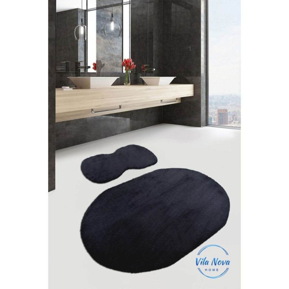Vila Nova Home 2'li Siyah Oval Peluş Post Yumuşak Yıkanabilir Banyo Halısı Klozet TAKIMI(80 x 120 cm - 80 x 50 cm) Klozet Takımı Fiyatı