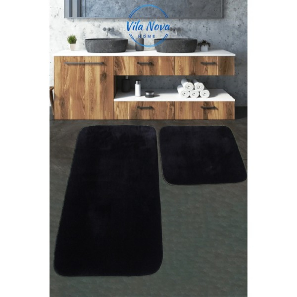 Vila Nova Home (75 x 120 cm - 75 x 50 cm) 2'li Siyah Peluş Post Yumuşak Yıkanabilir Banyo Halısı Klozet Takımı Klozet Takımı Fiyatı