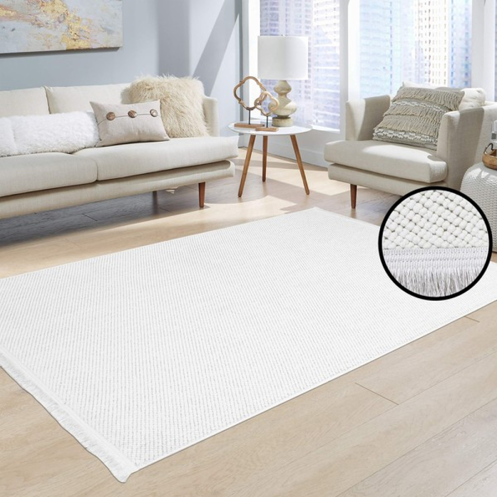 Vila Nova Home Beyaz Modern Yumuşak Antialerjik Tozumaz Yıkanabilir Bukle Saçaklı Dokuma Salon Oturma Odası Halısı - 80 x 150 cm Salon Halısı Fiyatı