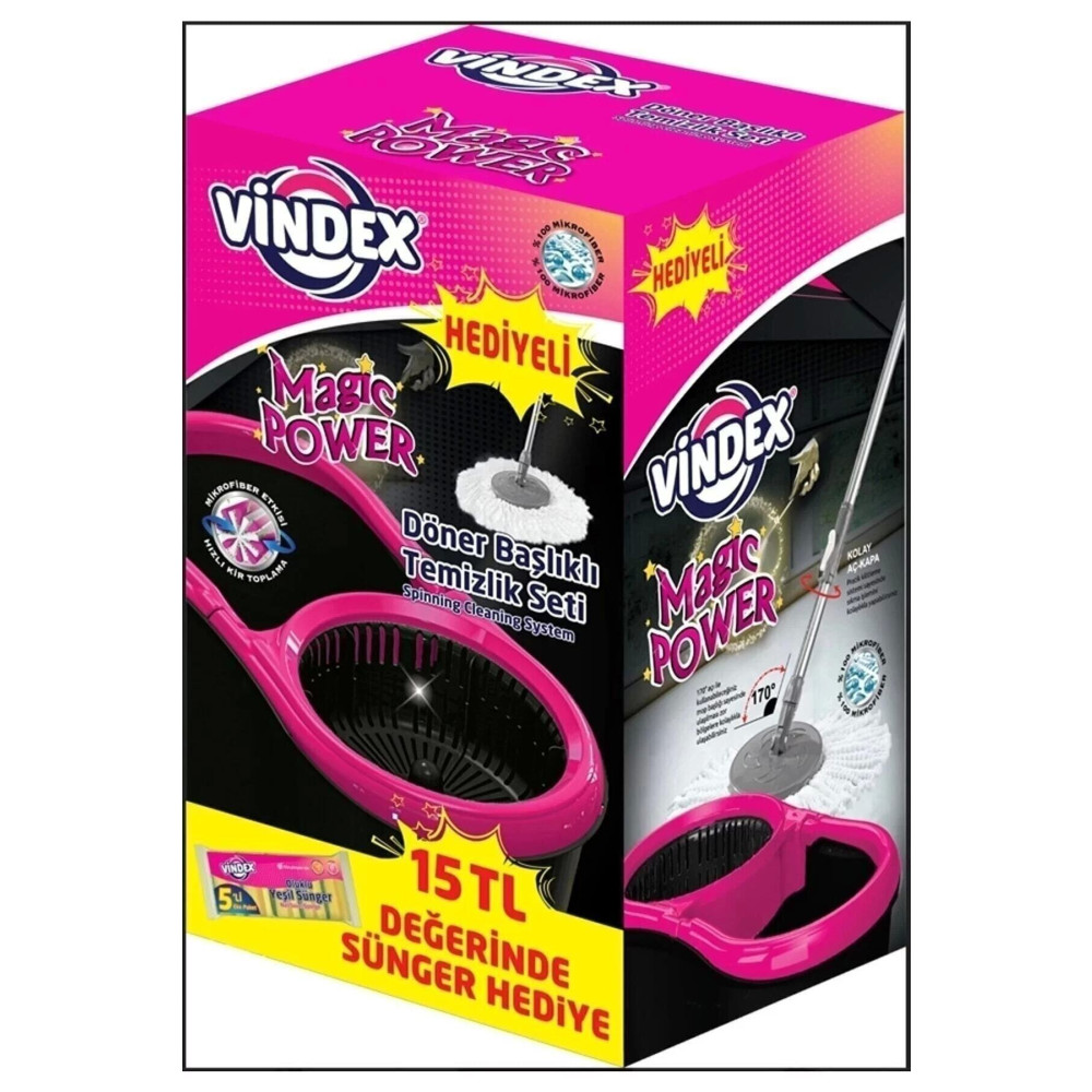 Vindex Magic Power Döner Başlıklı Temizlik Seti (SİYAH) (5 Lİ SÜNGER HEDİYELİ) Deterjan ve Temizlik Ürünleri Fiyatı