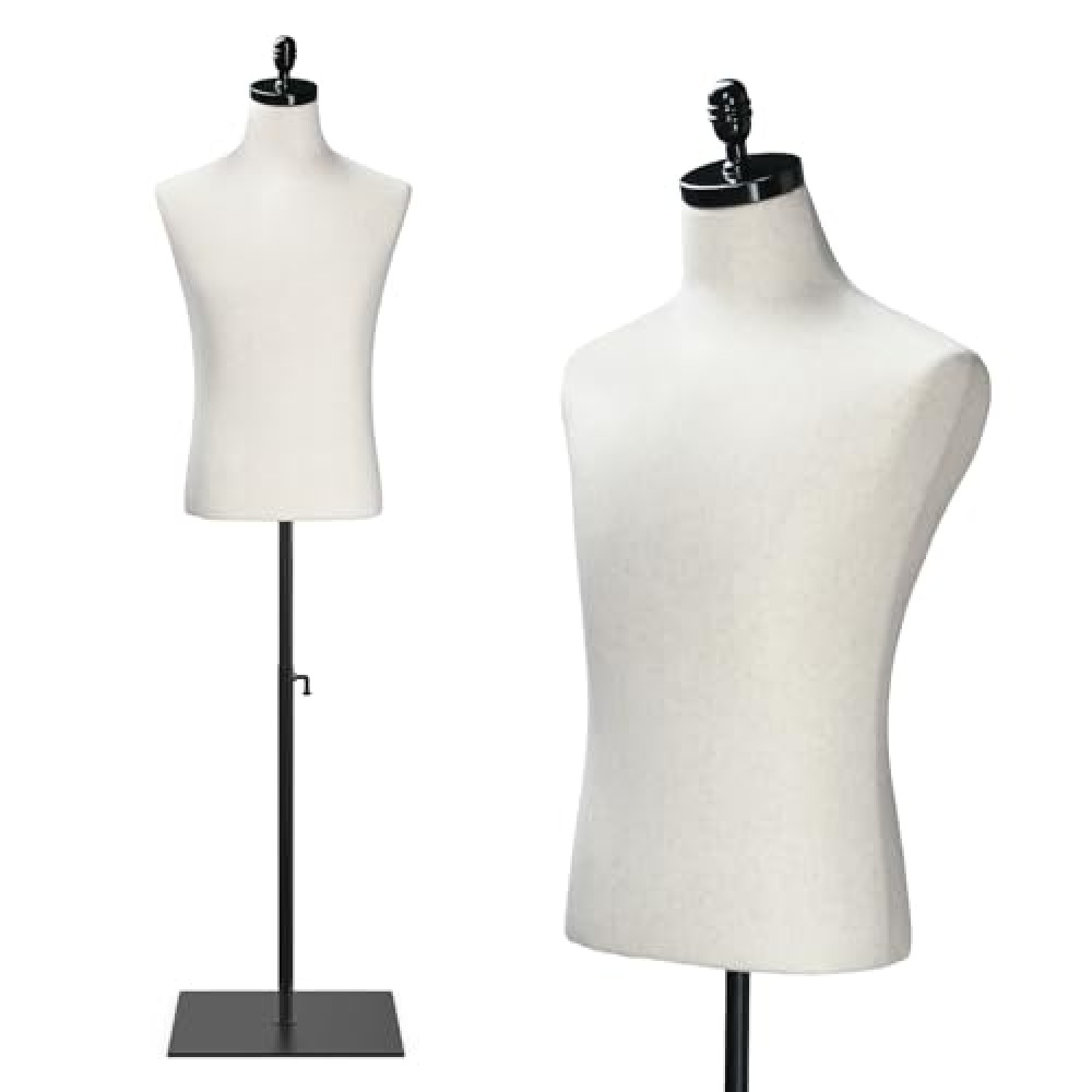 VINGLI Male Mannequin Torso with Wooden/Metal Stand, Adjustable Height Male Dress Form Body for Clothing Display and Sewing (Beige, Metal Base)