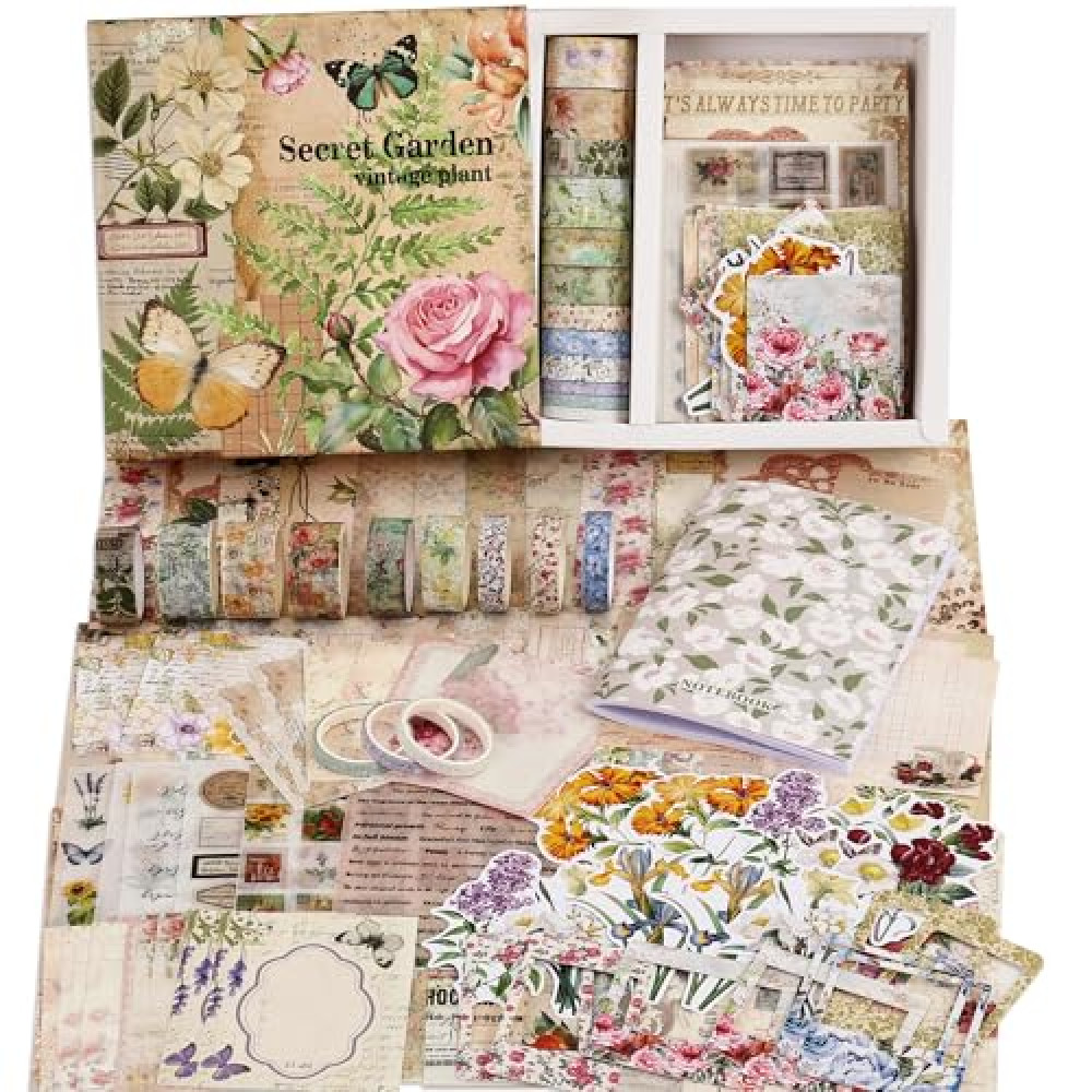 Vintage Botanical Scrapbooking Supplies Kit, Aesthetic Flower Scrapbook Kit for Bullet Junk Journal, 12 Rolls Washi Tape, Stickers Papers for DIY Journaling Supplies, Craft Gift for Girl Kid Women