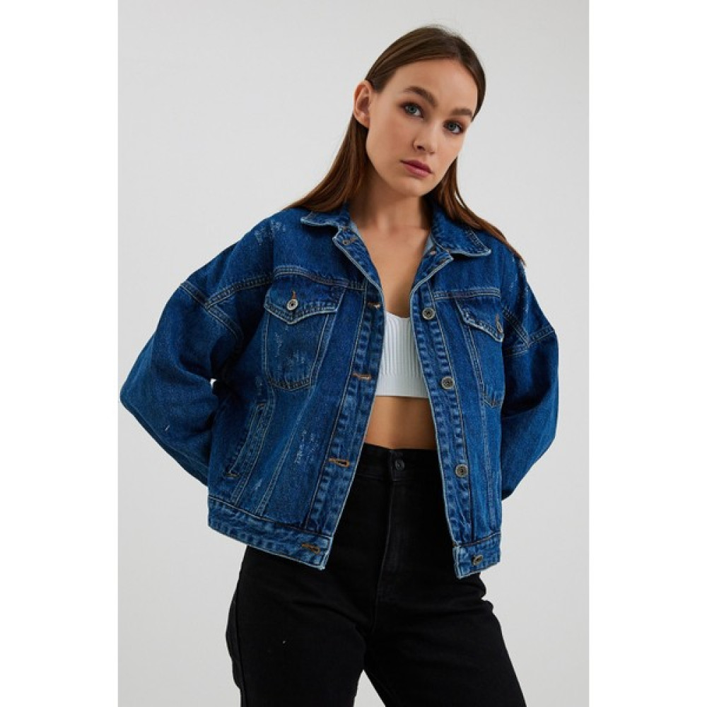 Vintage Denim Kadın Mavi Yıpratma Detaylı Oversize Kot Ceket Bayan Ceket Fiyatı