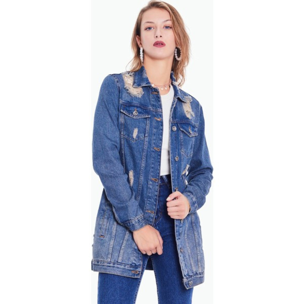Vintage Denim Kadın Mavi Yırtık Detaylı Uzun Kot Ceket Bayan Ceket Fiyatı