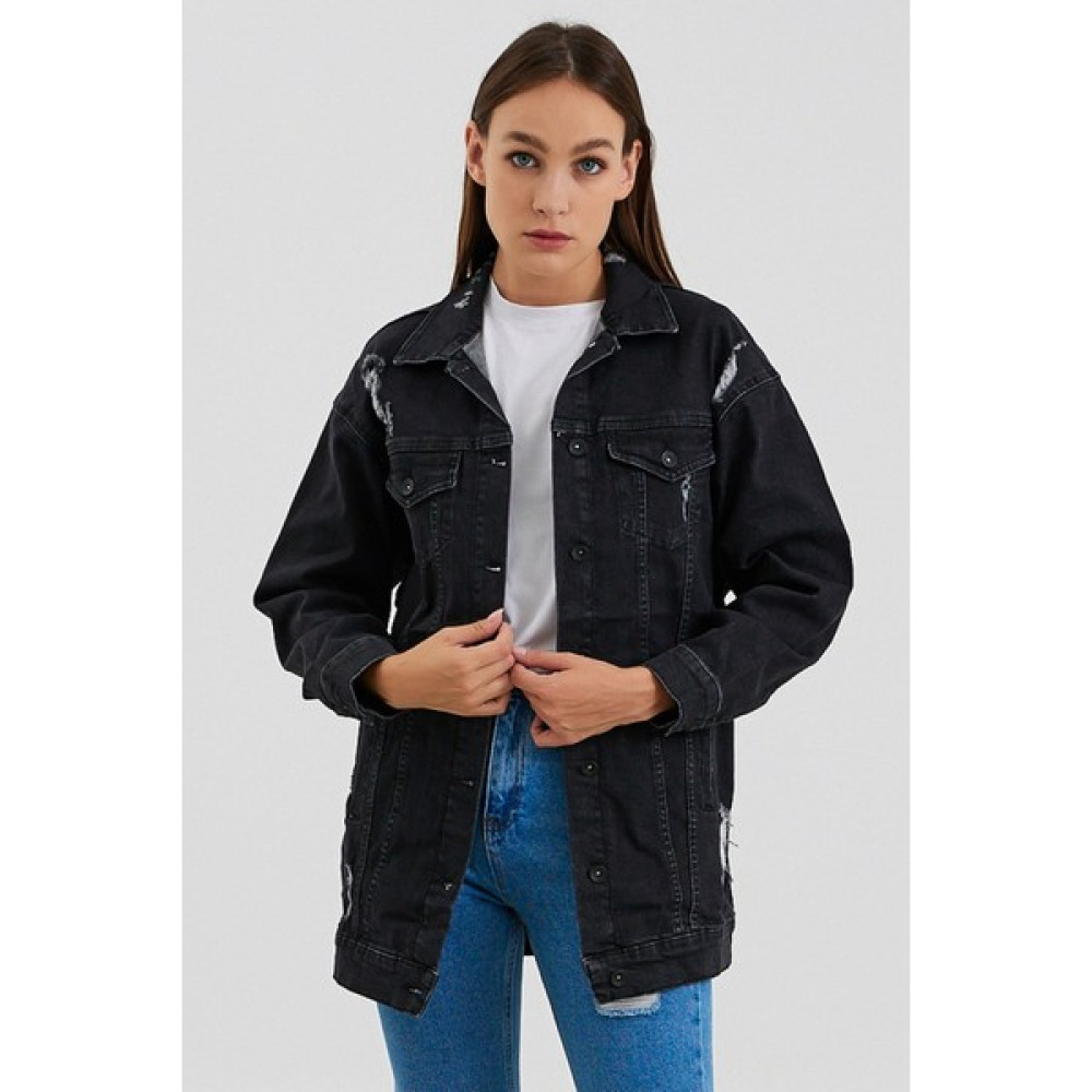 Vintage Denim Kadın Siyah Oversize Yırtık Uzun Kot Ceket Bayan Ceket Fiyatı