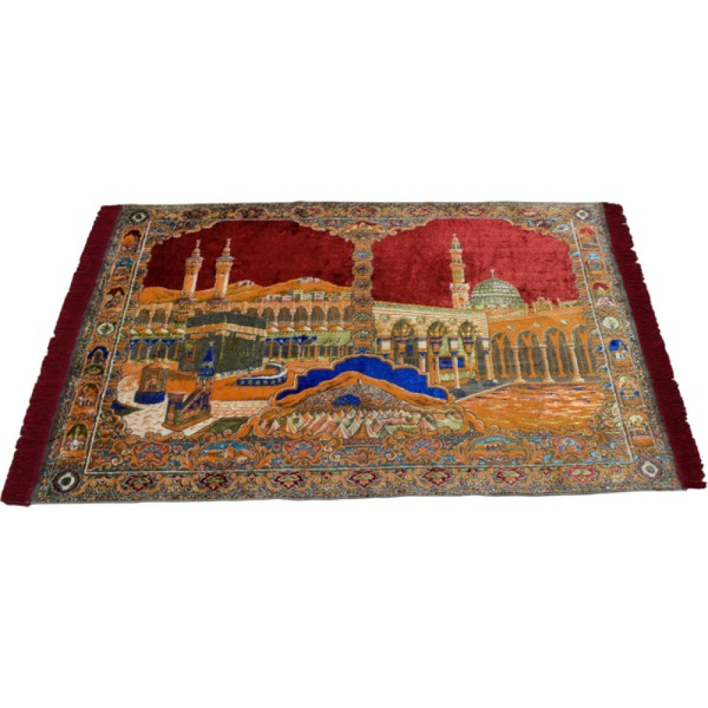 Vintage Manzara Kutsal Belde Kabe-I Muazzama Tasvirli Duvar Halısı 5615 - Kırmızı - 120 x 180 cm Salon Halısı Fiyatı