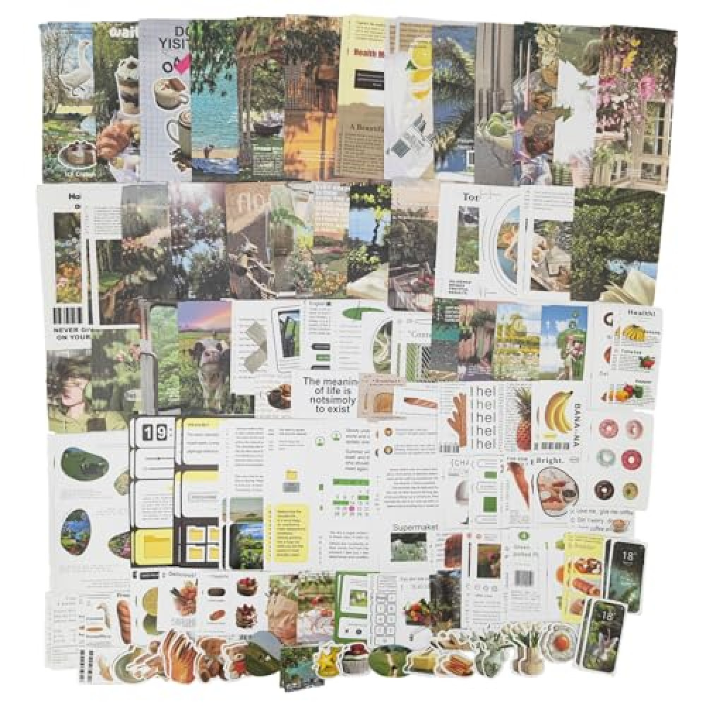 Vintage Scrapbooking Supplies Pack for Journaling (200 Pieces) Aesthetic Scrapbook Planner Sticker Decoupage Paper for Bullet Junk Journal Cottagecore Collage Craft (Green Field)