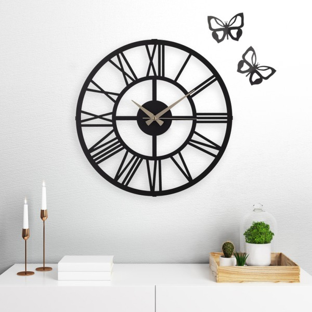 Vinyet Roma Rakamlı Siyah Metal Duvar Saati Dekoratif Kelebekler Dahil. Ev Saati Salon Saati. - Siyah - Siyah - 40 x 40 cm Dekoratif Saat Fiyatı