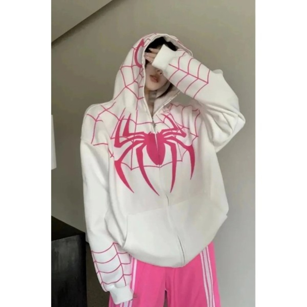 Violon Beyaz Kapüşonlu Pembe Spiderman Desenli Maske Detay Unisex Oversize Sweatshirt Hırka Bayan Sweatshirt Fiyatı
