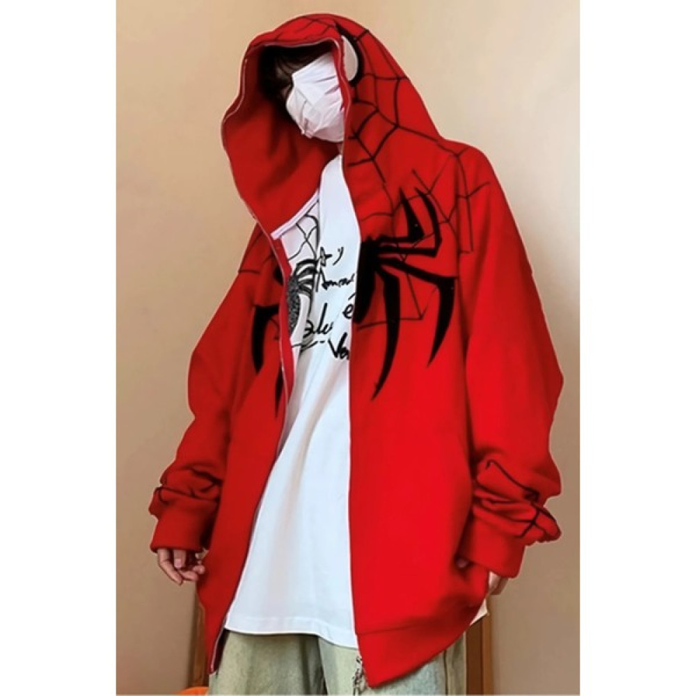 Violon Kırmızı Kapüşonlu Siyah Spiderman Desenli Maske Detay Oversize Sweatshirt Hırka Erkek Sweatshirt Fiyatı