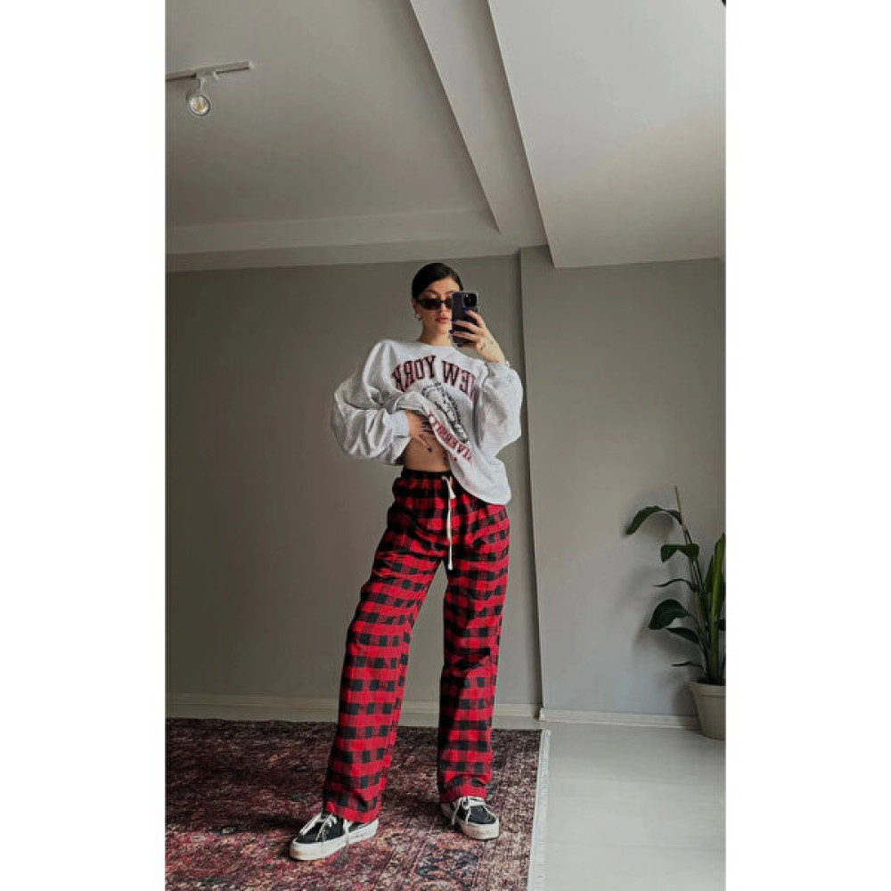 Violon Limited Edition Kırmızı Unisex Oversize Y2K Ekose-Kareli Desen Model Relaxed Bol Paça Eşofman Altı Kadın Eşofman Fiyatı