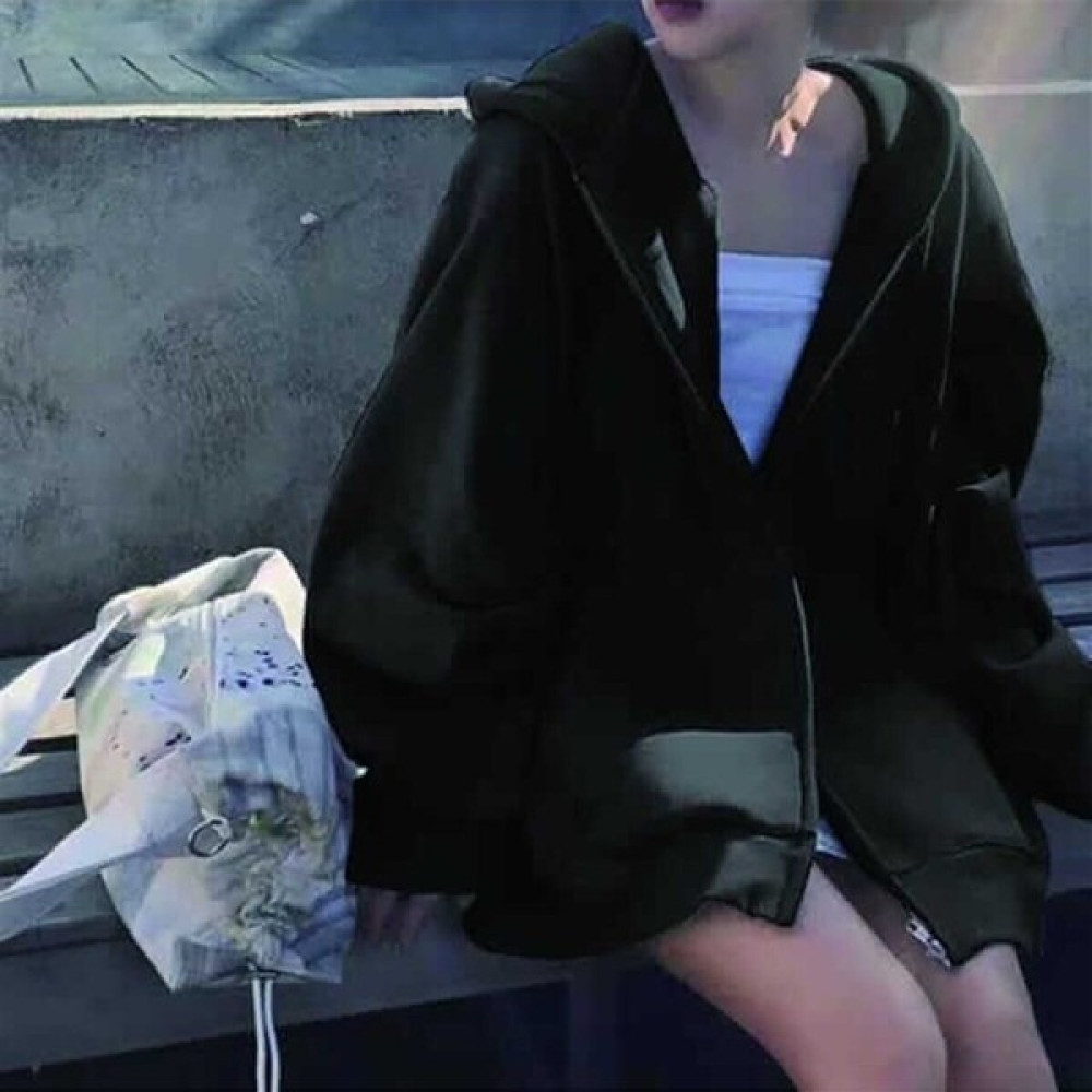 Violon Sokak Tarzı Düz Oversize Siyah Unisex Kapşonlu Hırka Kadın Hırka Fiyatı
