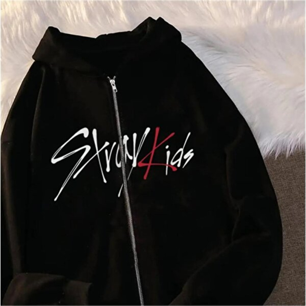 Violon Stray Kids Baskılı Oversize Fermuarlı Unisex Kapüşonlu Siyah Hırka Kadın Hırka Fiyatı