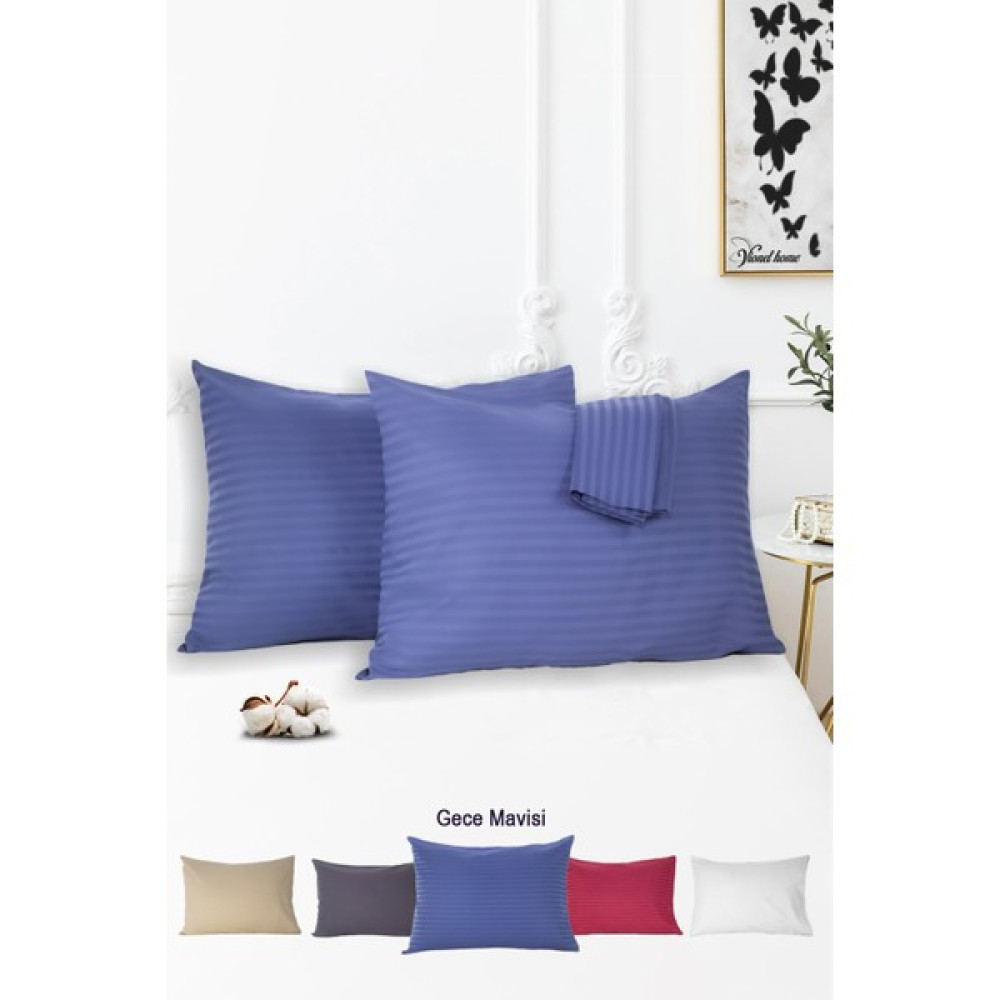 Vionel Home %100 Pamuk 2’li Çizgili Saten Yastık Kılıfı 50 x 70 - 50 x 70 cm - Gece Mavisi Yastık Kılıfı Fiyatı