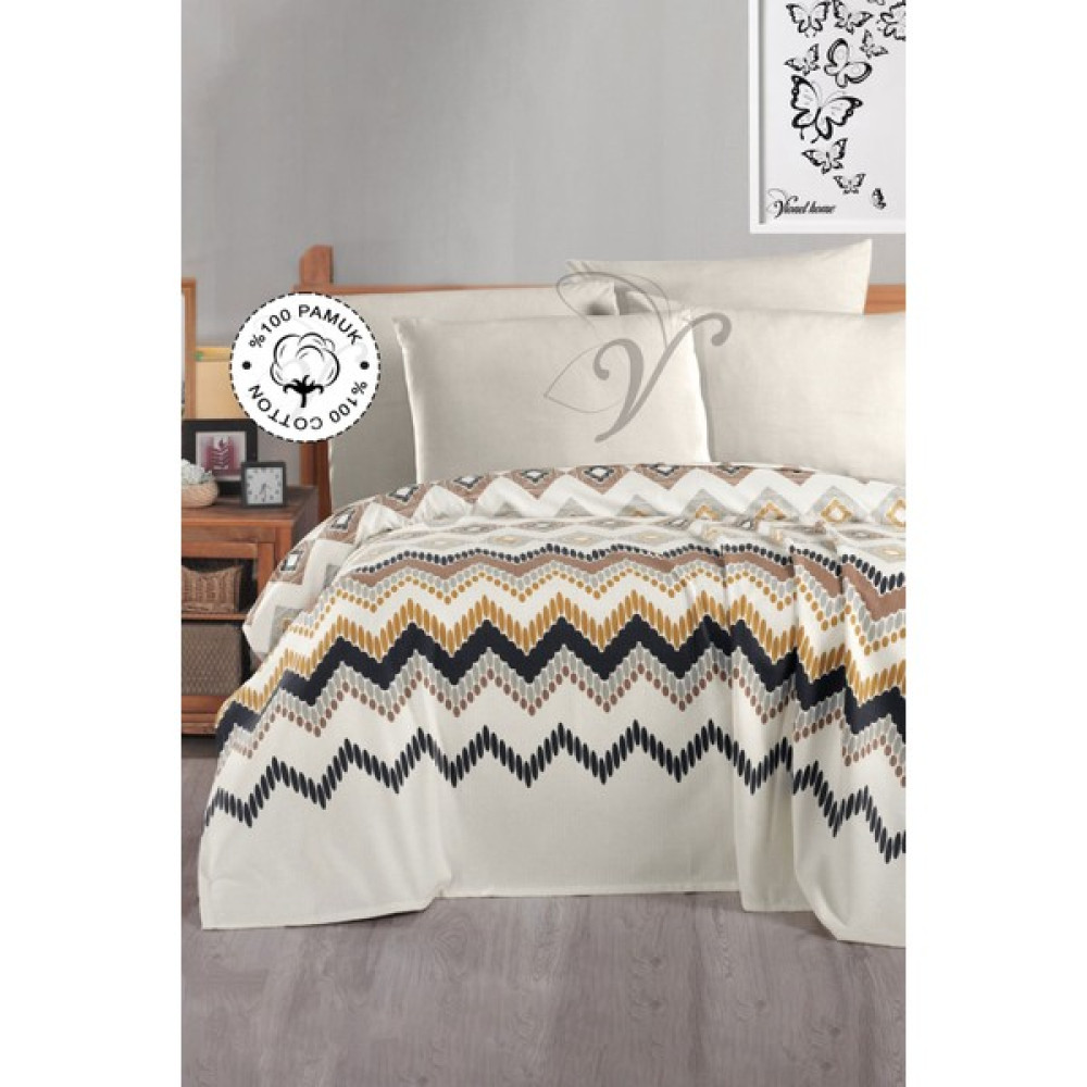 Vionel Home %100 Pamuk Çift Kişilik Baskılı Pike - Coza - Krem Pike & Pike Takımı Fiyatı