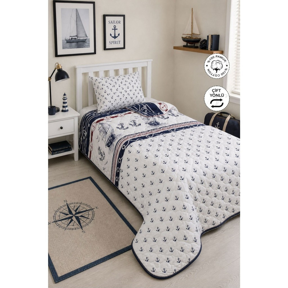 Vionel Home %100 Pamuk Kapitone Yatak Örtüsü Tek Kişilik | Gemici Desenli 160X220 cm + 1 Adet Yastık Kılıfı - Lacivert - 160 x 220 cm Yastık Kılıfı Fiyatı