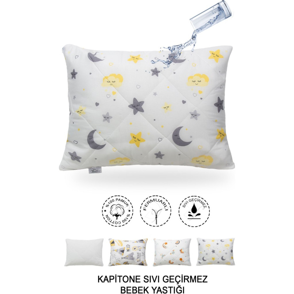 Vionel Home Kapitone Sıvı Geçirmez Bebek Yastığı | %100 Pamuk | Fermuarlı Tasarım |35X45 cm | Ay Yıldız Desen - 35 × 45 cm - Beyaz - Gri Yastık Fiyatı