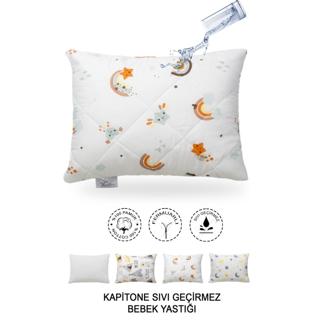 Vionel Home Kapitone Sıvı Geçirmez Bebek Yastığı | %100 Pamuk | Fermuarlı Tasarım |35X45 cm | Gökkuşağı Desen - 35 × 45 cm - Beyaz - Açık Mavi Yastık Fiyatı
