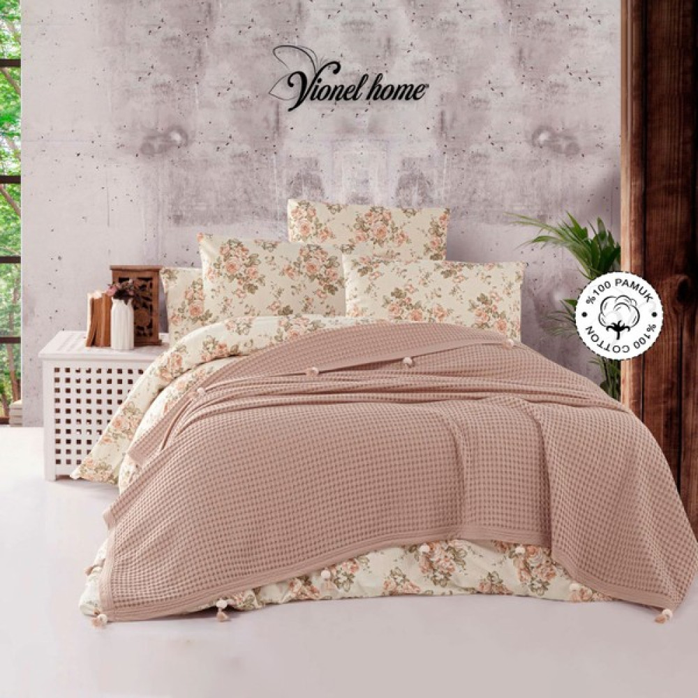 Vionel Home Pamuklu Çift Kişilik Pike, Waffle Desen, Ponponlu Kahverengi Pike - Kahve Pike & Pike Takımı Fiyatı