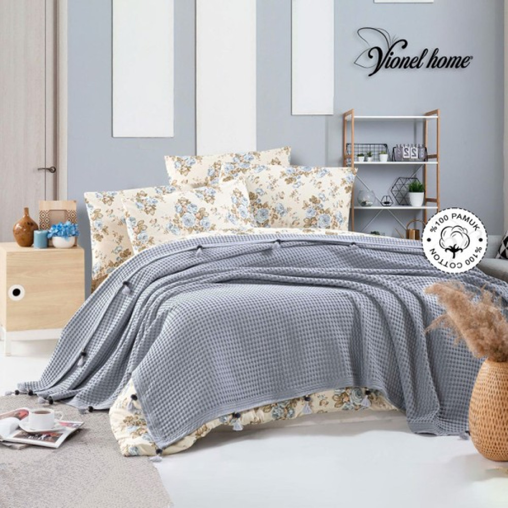 Vionel Home Pamuklu Çift Kişilik Waffle Desen Ponponlu Pike - Indigo Pike & Pike Takımı Fiyatı