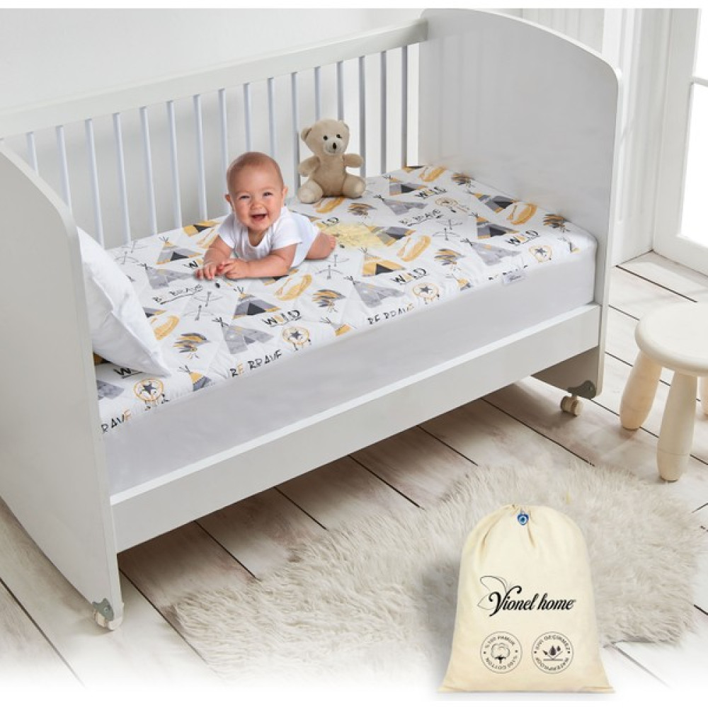 Vionel HomePamuk, Kızılderili Desenli Kapitone Sıvı Geçirmez Bebek ve Çocuk Yatak Alezi,yatak Koruyucu Alez, Lastikli Çarşaf 70 x 120 - Gri Alez / Yatak Koruyucu Fiyatı