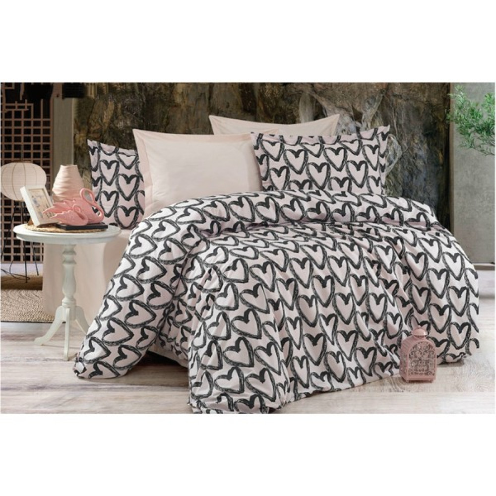 Vionetta Home Vionetta % 100 Pamuklu Tek Kişilik Kalpli Nevresim Takımı - Siyah - Krem - 160 x 220 cm Nevresim Takımı Fiyatı
