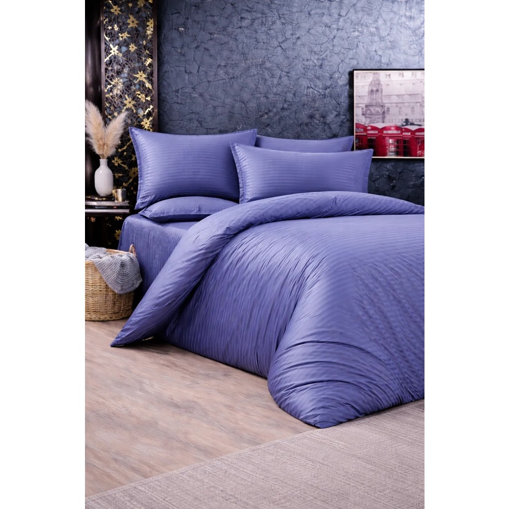 Vionetta Pamuk Saten İndigo Çizgili Otel Serisi Lastikli Çarşaflı Çift Kişilik Nevresim Takımı - 200 x 220 cm - Mavi Nevresim Takımı Fiyatı
