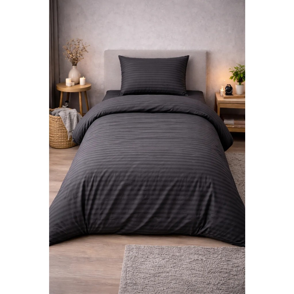Vionetta Pamuk Saten Otel Serisi Tek Kişilik Nevresim Takımı Antrasit Çizgili Lastikli Çarşaflı - 160 x 220 cm - Antrasit - Gri Nevresim Takımı Fiyatı