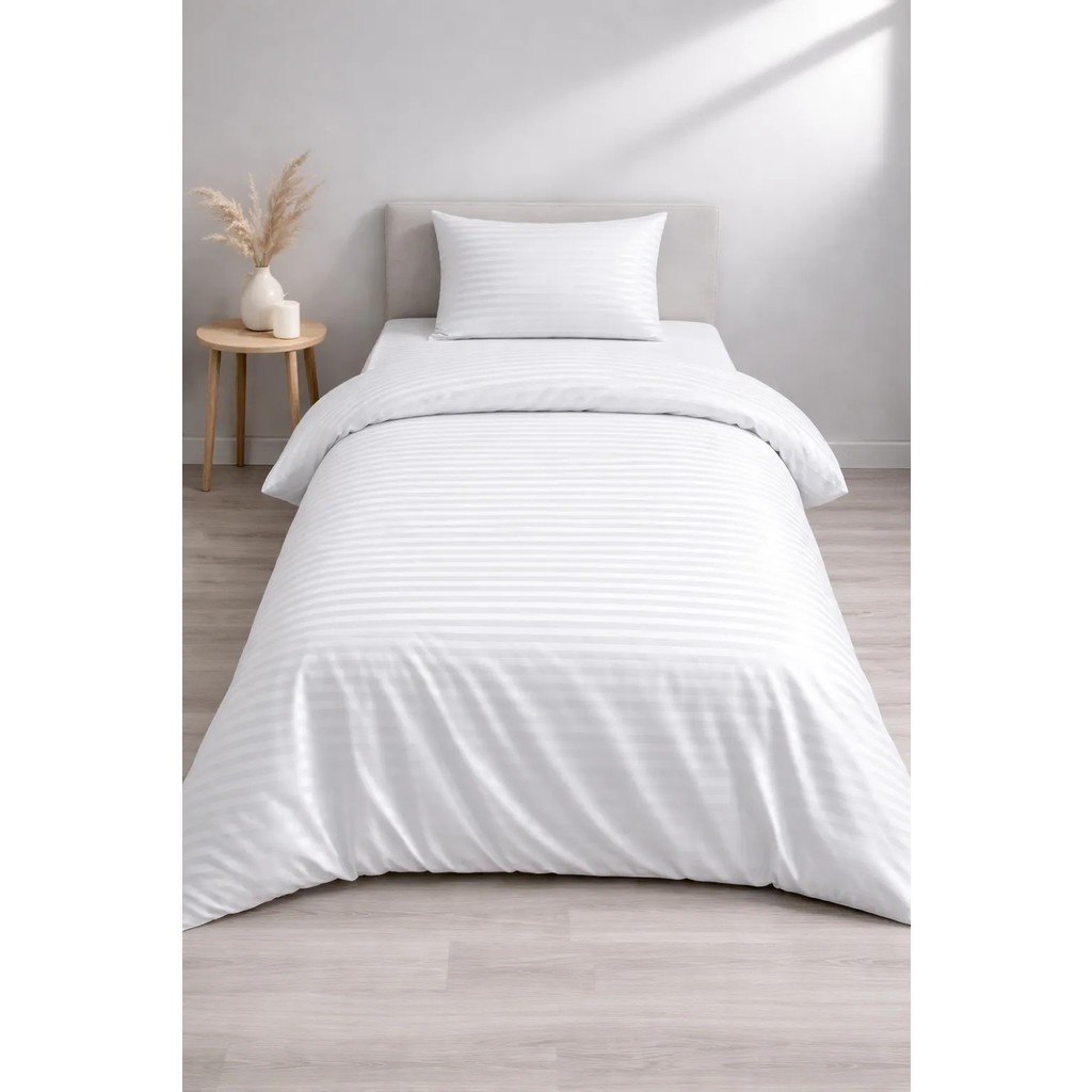 Vionetta Pamuk Saten Otel Serisi Tek Kişilik Nevresim Takımı Beyaz Çizgili Lastikli Çarşaflı - 160 x 220 cm Nevresim Takımı Fiyatı