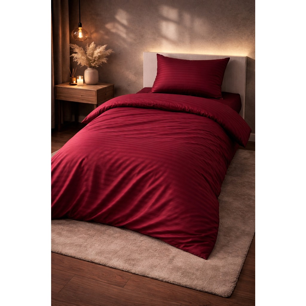 Vionetta Pamuk Saten Otel Serisi Tek Kişilik Nevresim Takımı Bordo Çizgili Lastikli Çarşaflı - 160 x 220 cm Nevresim Takımı Fiyatı