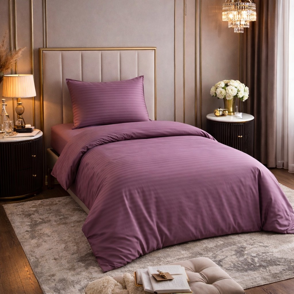 Vionetta Pamuk Saten Otel Serisi Tek Kişilik Nevresim Takımı Gül Kurusu Çizgili Lastikli Çarşaflı - 160 x 220 cm Nevresim Takımı Fiyatı