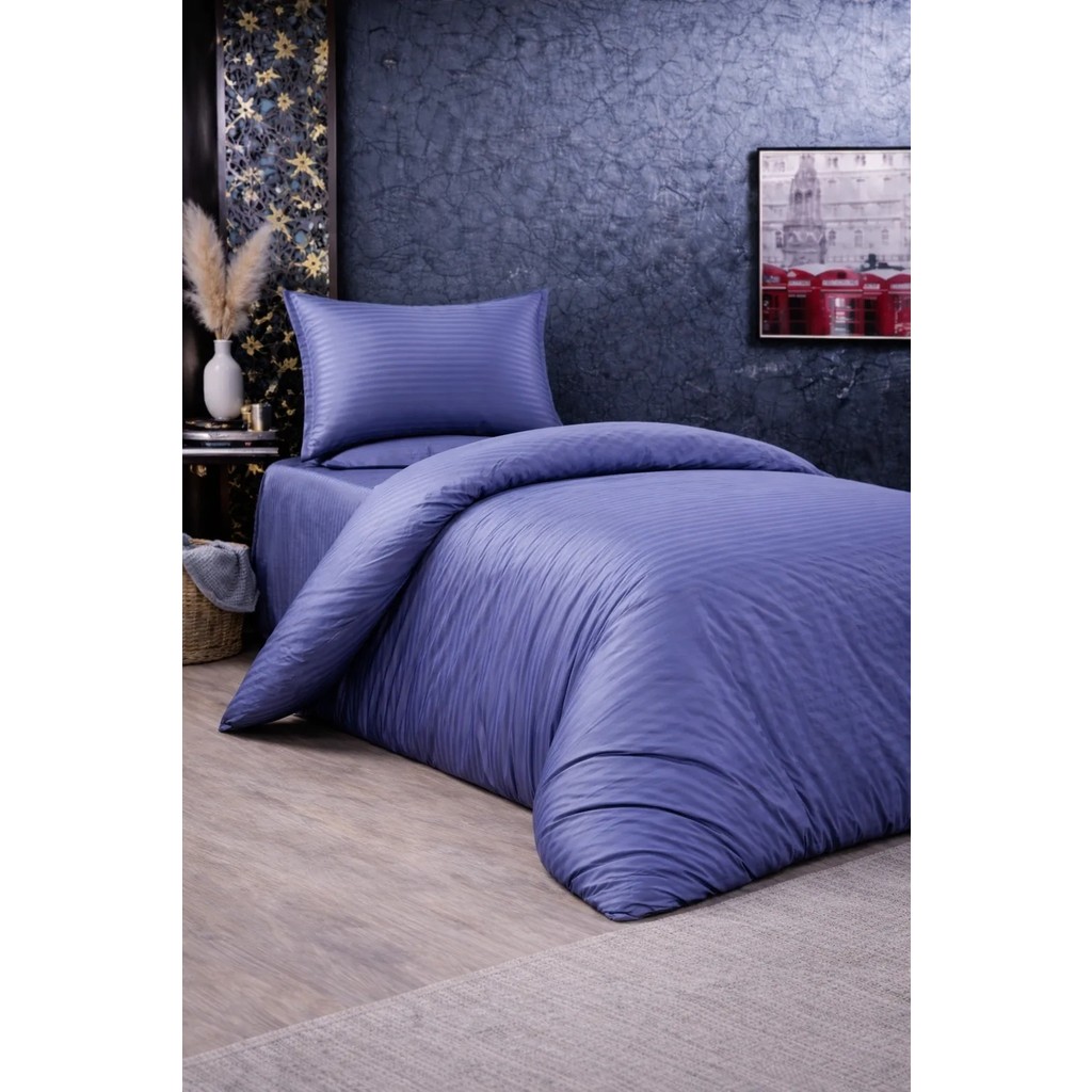 Vionetta Pamuk Saten Otel Serisi Tek Kişilik Nevresim Takımı İndigo Çizgili Lastikli Çarşaflı - 160 x 220 cm - Mavi Nevresim Takımı Fiyatı