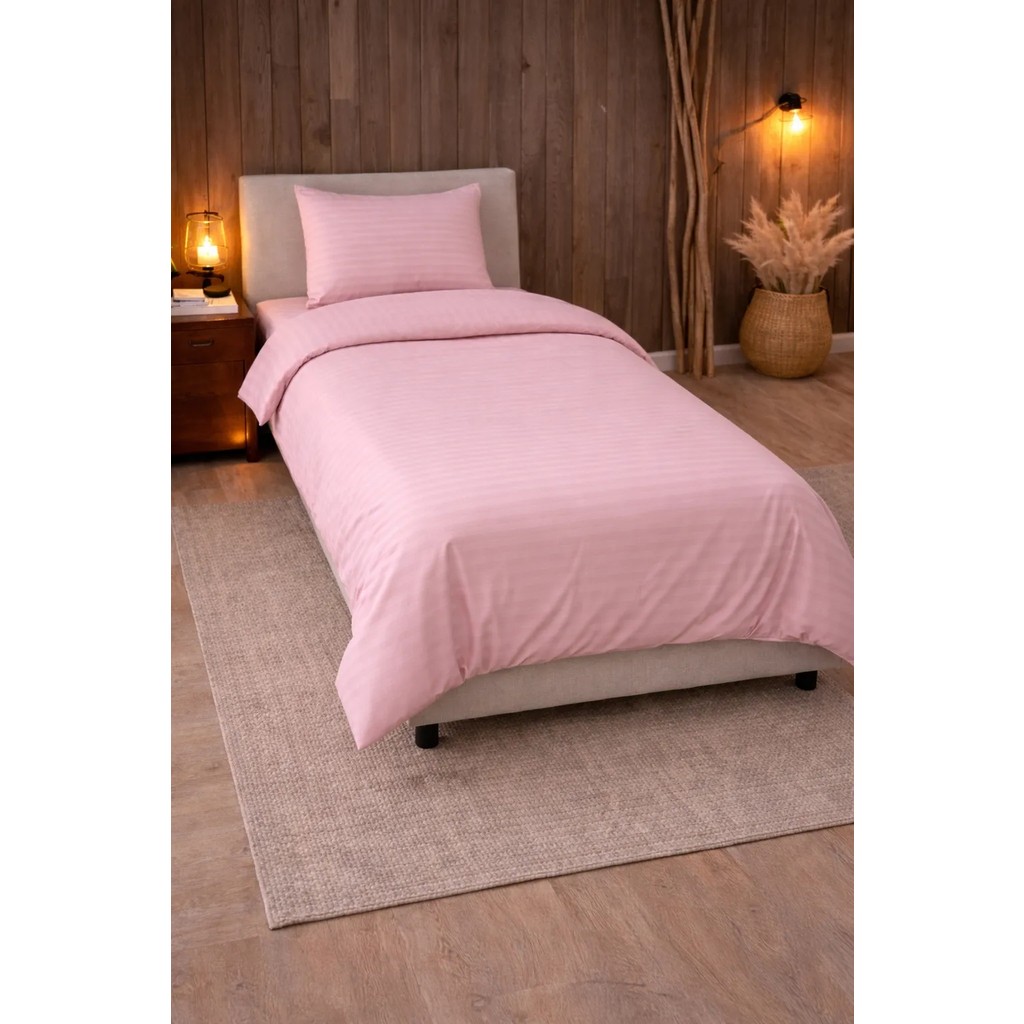 Vionetta Pamuk Saten Otel Serisi Tek Kişilik Nevresim Takımı Pudra Çizgili Lastikli Çarşaflı - 160 x 220 cm Nevresim Takımı Fiyatı