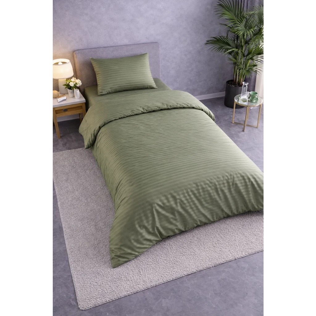 Vionetta Pamuk Saten Otel Serisi Tek Kişilik Nevresim Takımı Yeşil Çizgili Lastikli Çarşaflı - 160 x 220 cm - Yeşil - Haki Nevresim Takımı Fiyatı